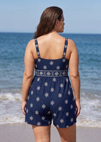 Navy Paisley Print Sleeveless Flattering Wrap Pocket Plus Size Women's One Piece Swim Romper