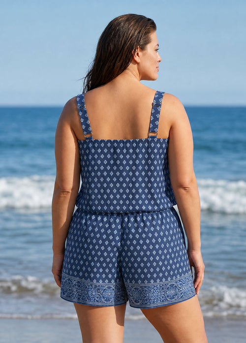 Blue Geometric Pattern Scoop Neck Vintage Wide Straps Pocket Curvy Swimsuit One Piece Swim Romper