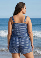 Blue Geometric Pattern Scoop Neck Vintage Wide Straps Pocket Curvy Swimsuit One Piece Swim Romper