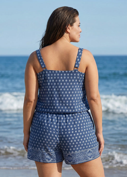 Blue Geometric Pattern Scoop Neck Vintage Wide Straps Pocket Curvy Swimsuit One Piece Swim Romper