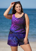 Purple Gradient Leaf Scoop Neck Wide Straps Pocket Plus Size Swimsuit One Piece Swim Romper