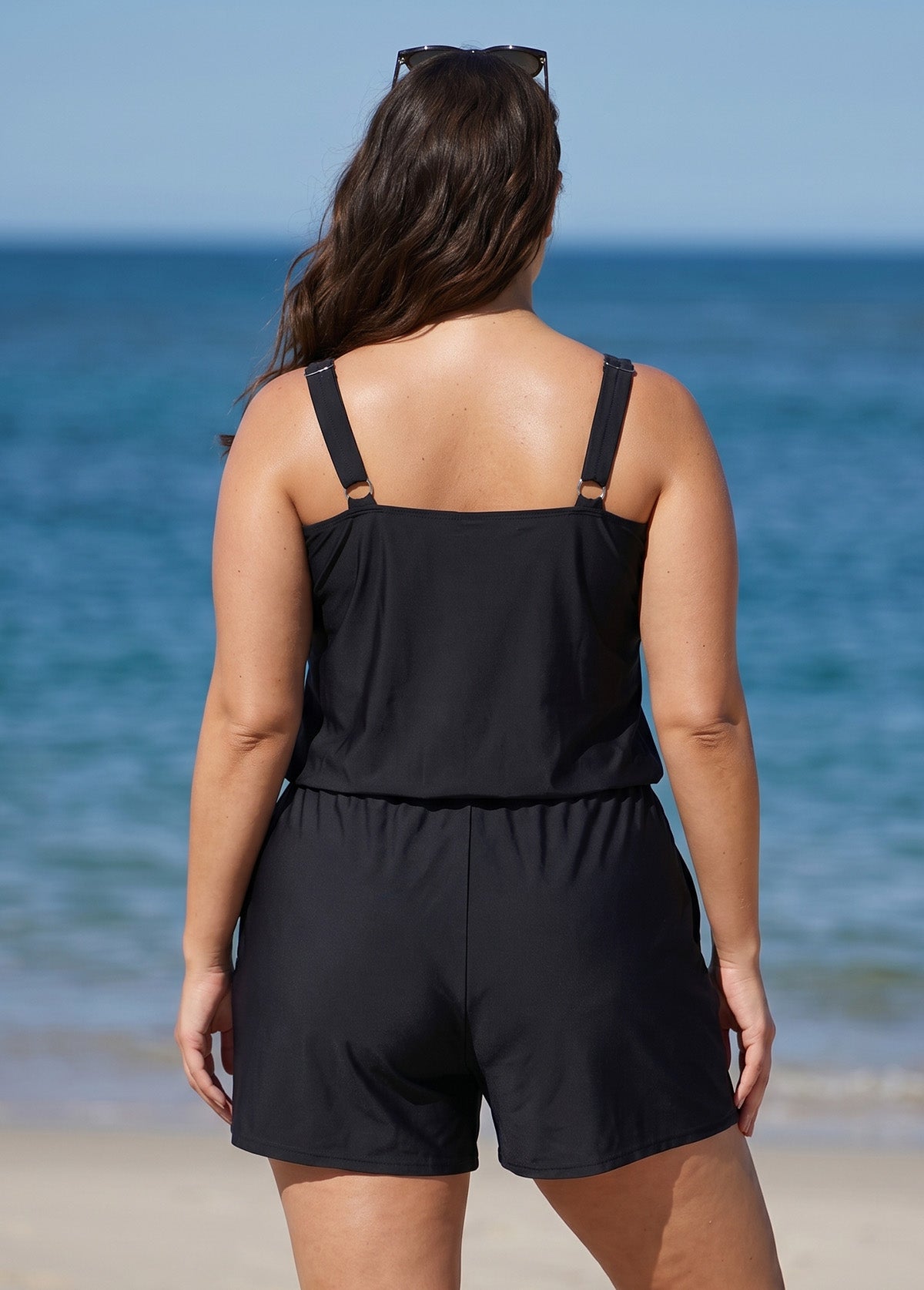 Purple Gradient Leaf Scoop Neck Wide Straps Pocket Plus Size Swimsuit One Piece Swim Romper