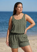 Plus Size Green Floral Scoop Neck Modest Wide Straps Pocket Swimsuit One Piece Swim Romper