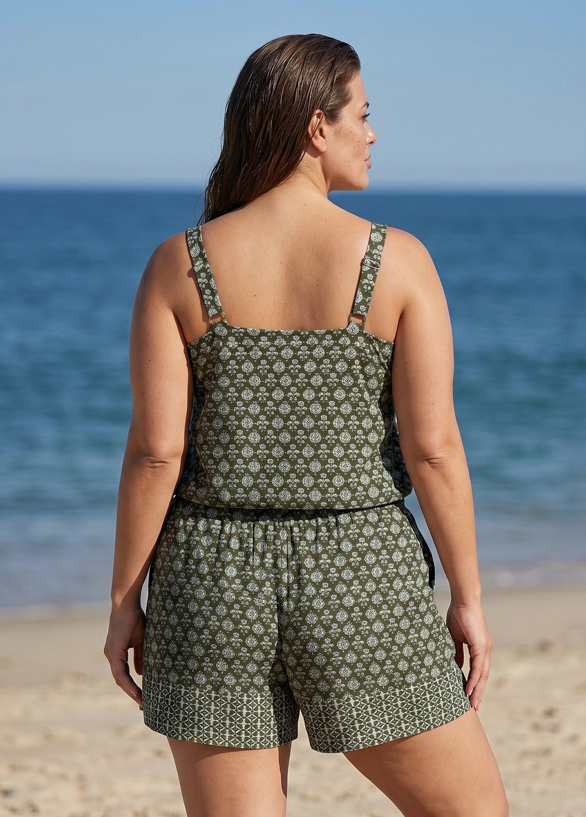 Plus Size Green Floral Scoop Neck Modest Wide Straps Pocket Swimsuit One Piece Swim Romper