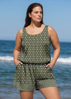 Plus Size Green Floral Scoop Neck Modest Wide Straps Pocket Swimsuit One Piece Swim Romper