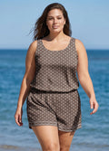 Plus Size Brown Geometric Pattern Scoop Neck Modest Wide Straps Pocket One Piece Swim Romper