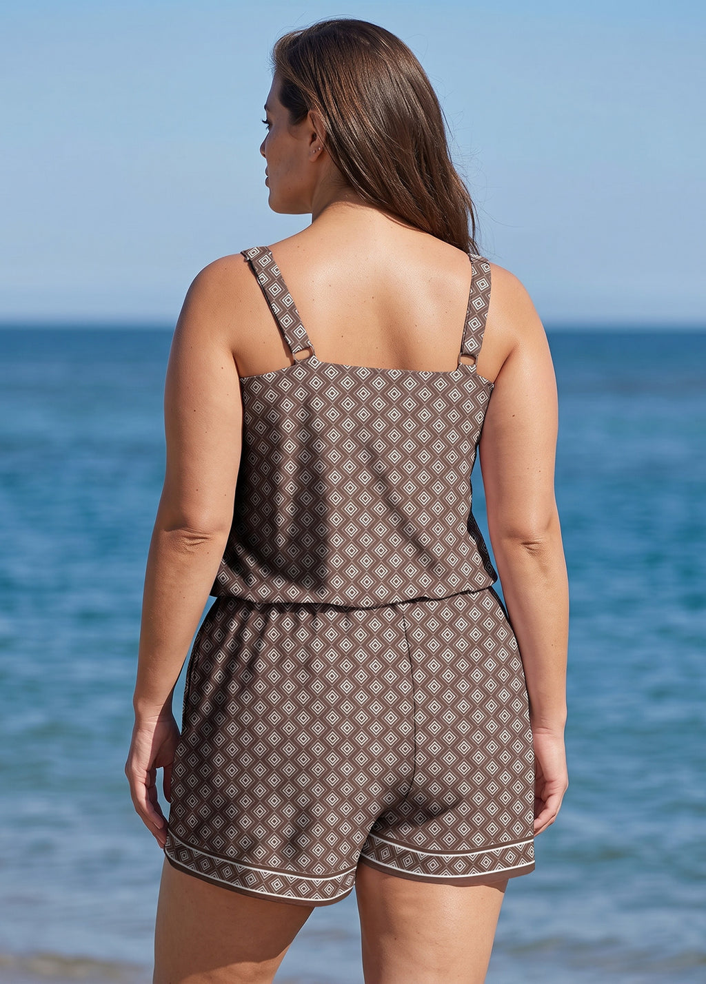 Plus Size Brown Geometric Pattern Scoop Neck Modest Wide Straps Pocket One Piece Swim Romper