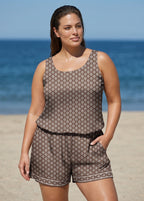 Plus Size Brown Geometric Pattern Scoop Neck Modest Wide Straps Pocket One Piece Swim Romper