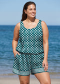 Curvy Green Floral Print Scoop Neck Vintage Wide Straps Pocket Beachwear One Piece Swim Romper