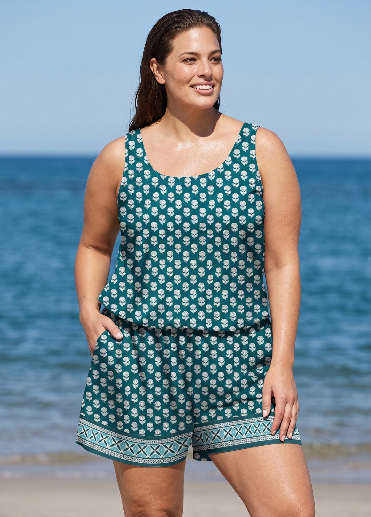 Curvy Green Floral Print Scoop Neck Vintage Wide Straps Pocket Beachwear One Piece Swim Romper