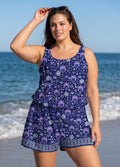 Purple Palm Print Scoop Neck Flattering Wide Straps Pocket Plus Size One Piece Swim Romper