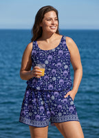 Purple Palm Print Scoop Neck Flattering Wide Straps Pocket Plus Size One Piece Swim Romper
