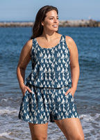 Plus Size Teal Sailboat Print Scoop Neck Flattering Wide Straps Pocket One Piece Swim Romper