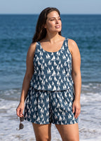 Plus Size Teal Sailboat Print Scoop Neck Flattering Wide Straps Pocket One Piece Swim Romper