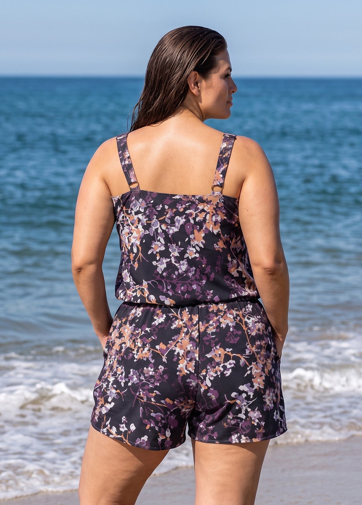 Curvy Black Floral Print Scoop Neck Vintage Wide Straps Pocket One Piece Swim Romper