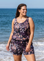 Curvy Black Floral Print Scoop Neck Vintage Wide Straps Pocket One Piece Swim Romper