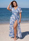 Blue Floral Short Sleeve Wrap One Piece Swimsuit with High Slit Sarong Skirt Set