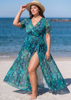 Green Leaf Short Sleeve Wrap Curvy One Piece Swimsuit with High Slit Sarong Skirt Set