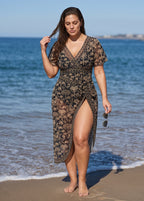 Black Palm Print Short Sleeve Wrap One Piece Swimsuit with High Slit Sarong Skirt Set