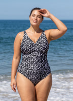 White Polka Dot Sleeveless Wrap One Piece Swimsuit with High Slit Sarong Skirt Set