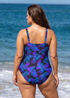 Curvy Purple Leaf Sleeveless Wrap One Piece Swimsuit with High Slit Sarong Skirt Set