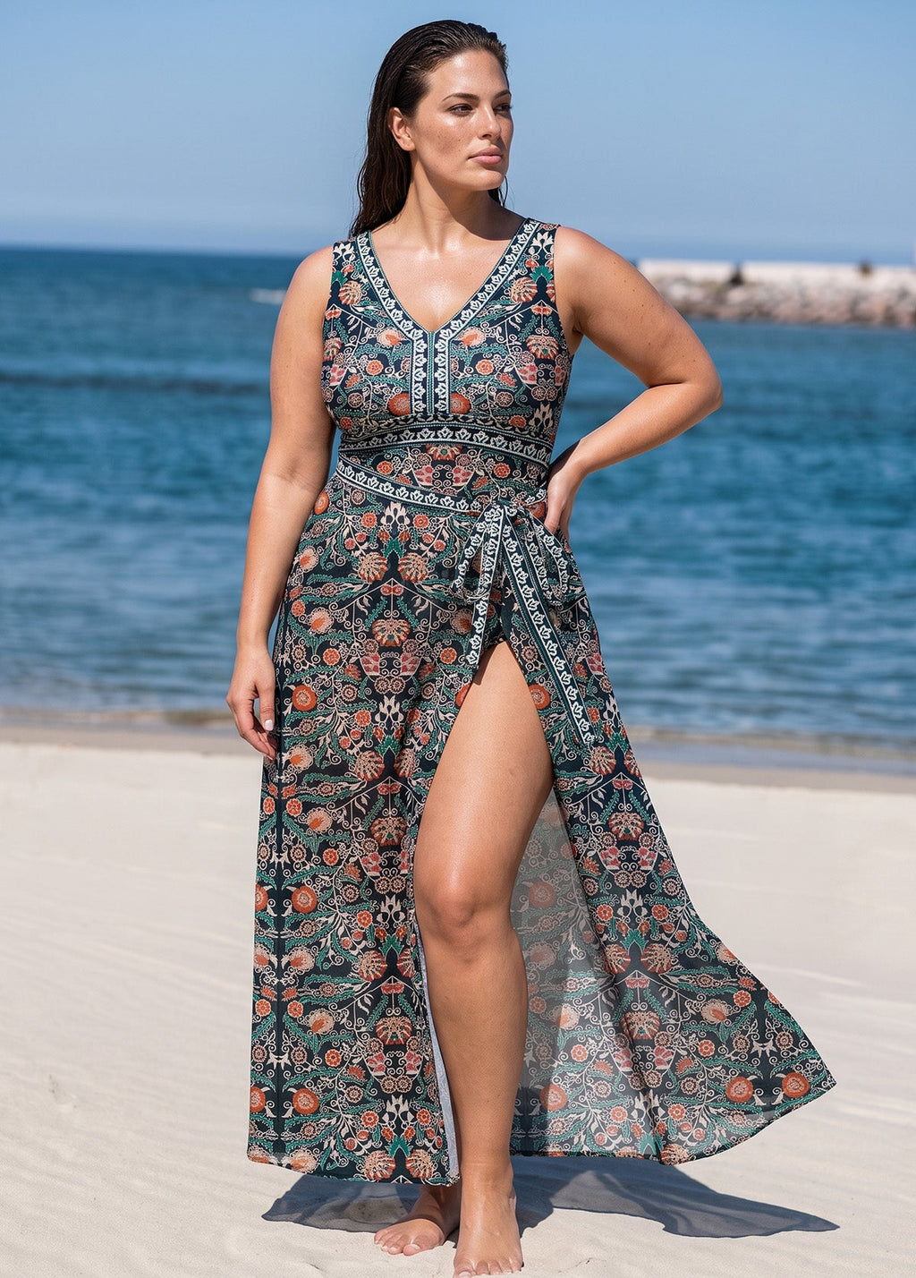 Green Vintage Floral Sleeveless Wrap One Piece Swimsuit with High Slit Sarong Skirt Set