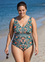 Green Vintage Floral Sleeveless Wrap One Piece Swimsuit with High Slit Sarong Skirt Set