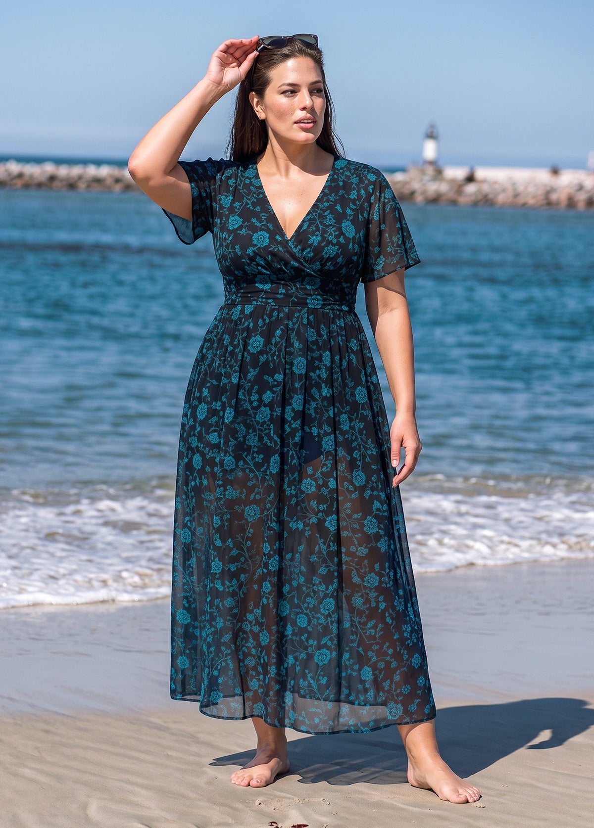 Plus Size Blue Floral Print Wrap Front Short Sleeves One Piece Swimsuit With Sarong Skirt Set