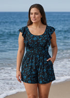 Curvy Blue Floral Print UPF50+ Short Sleeves Modest Pocket Women's One Piece Swim Romper