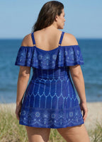 Plus Size Navy Off The Shoulder Line Flowers Women One Piece Swimdress