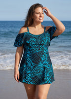 Teal Leaf Print Off The Shoulder Vintage Plus Size Women's Swimsuit One Piece Swimdress