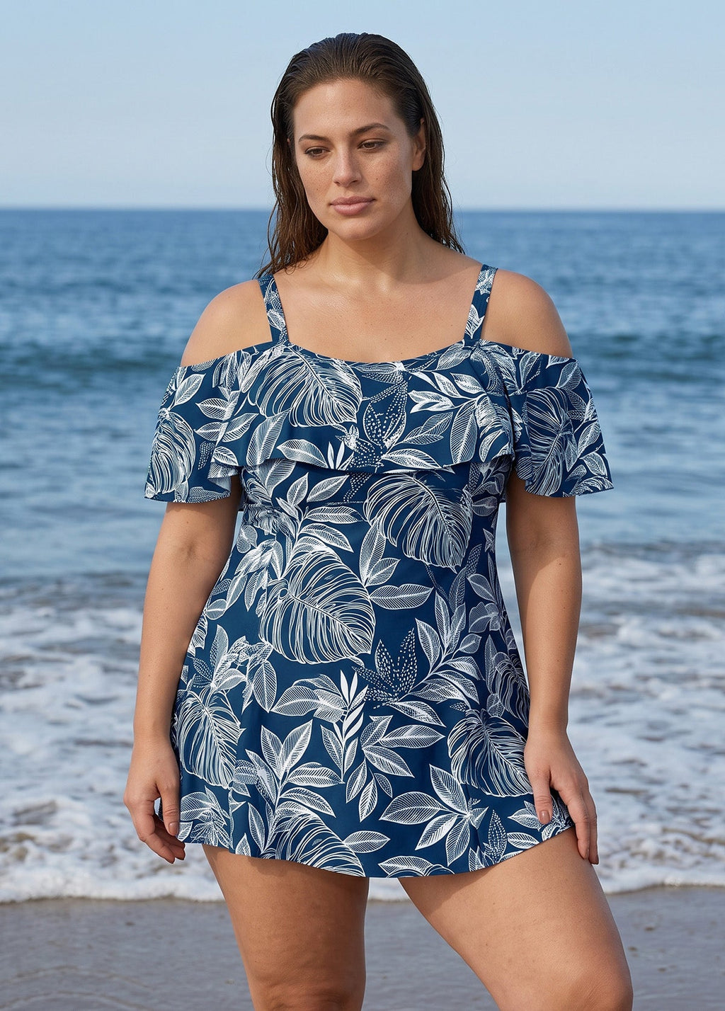 White Leaf Print Off The Shoulder Modest Curvy Women's Swimsuit One Piece Swimdress