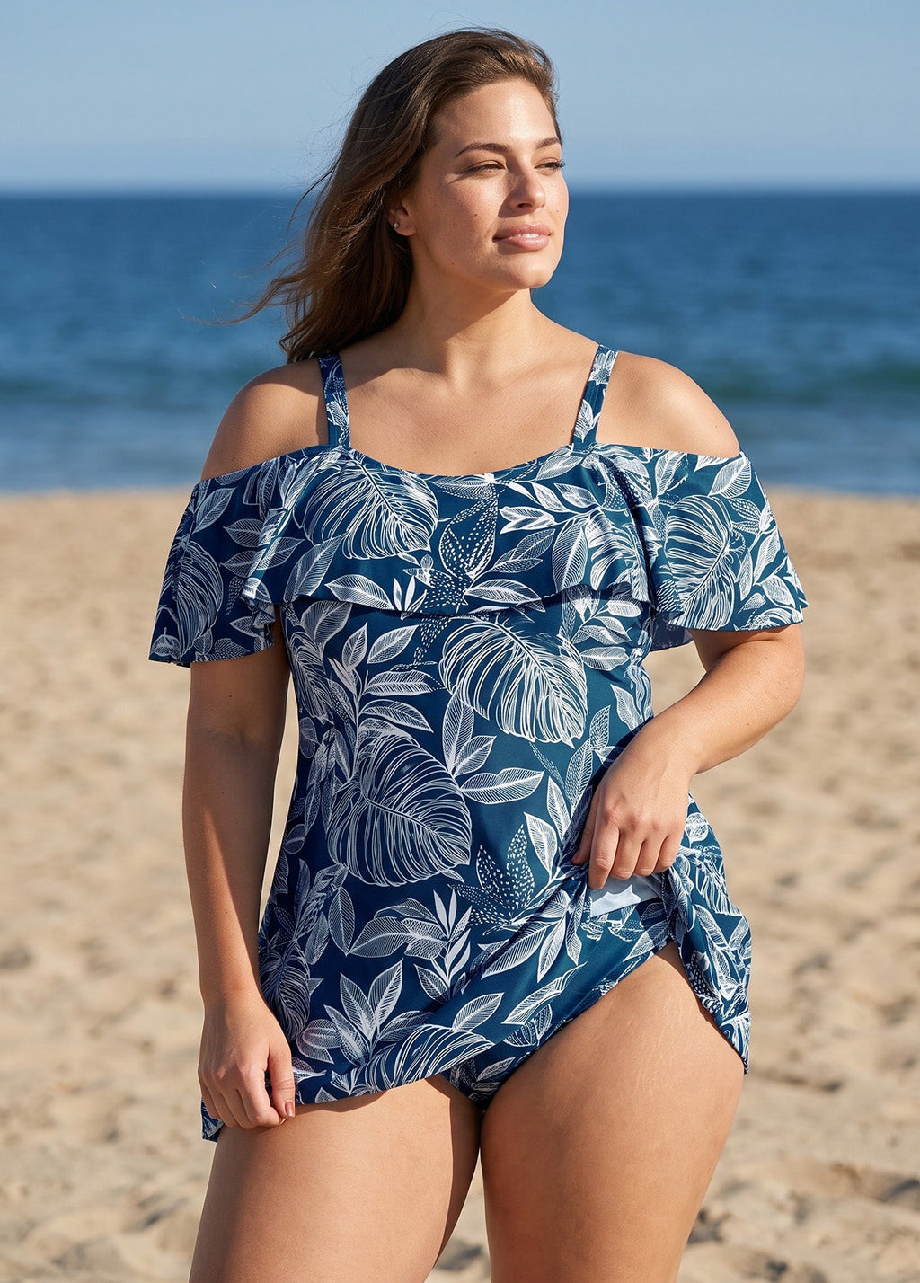 White Leaf Print Off The Shoulder Modest Curvy Women's Swimsuit One Piece Swimdress