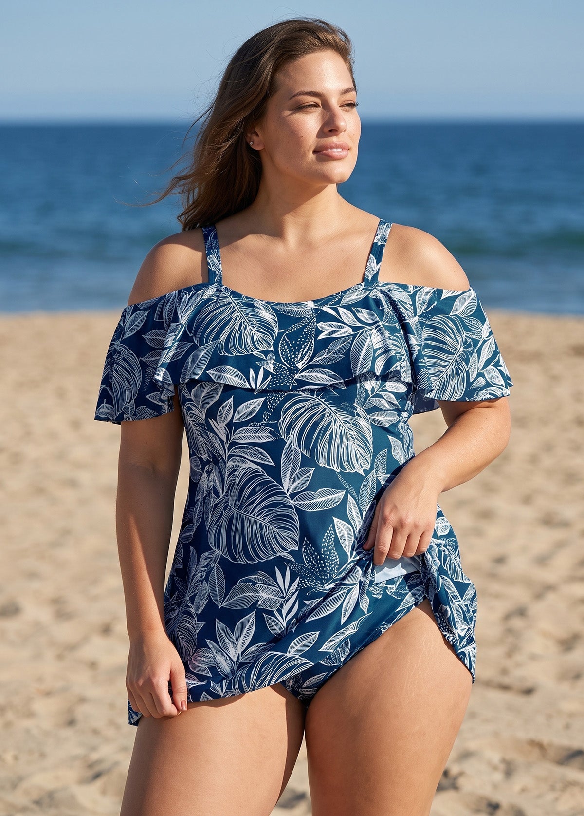 White Leaf Print Off The Shoulder Modest Curvy Women's Swimsuit One Piece Swimdress