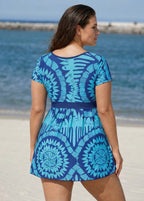 Plus Size Blue Geometric Print Short Sleeve Swimdress Top