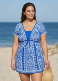 Curvy Blue And White Floral Short Sleeves Modest Padded Women's Swimsuit Swimdress Top