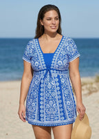 Curvy Blue And White Floral Short Sleeves Modest Padded Women's Swimsuit Swimdress Top