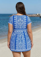 Curvy Blue And White Floral Short Sleeves Modest Padded Women's Swimsuit Swimdress Top