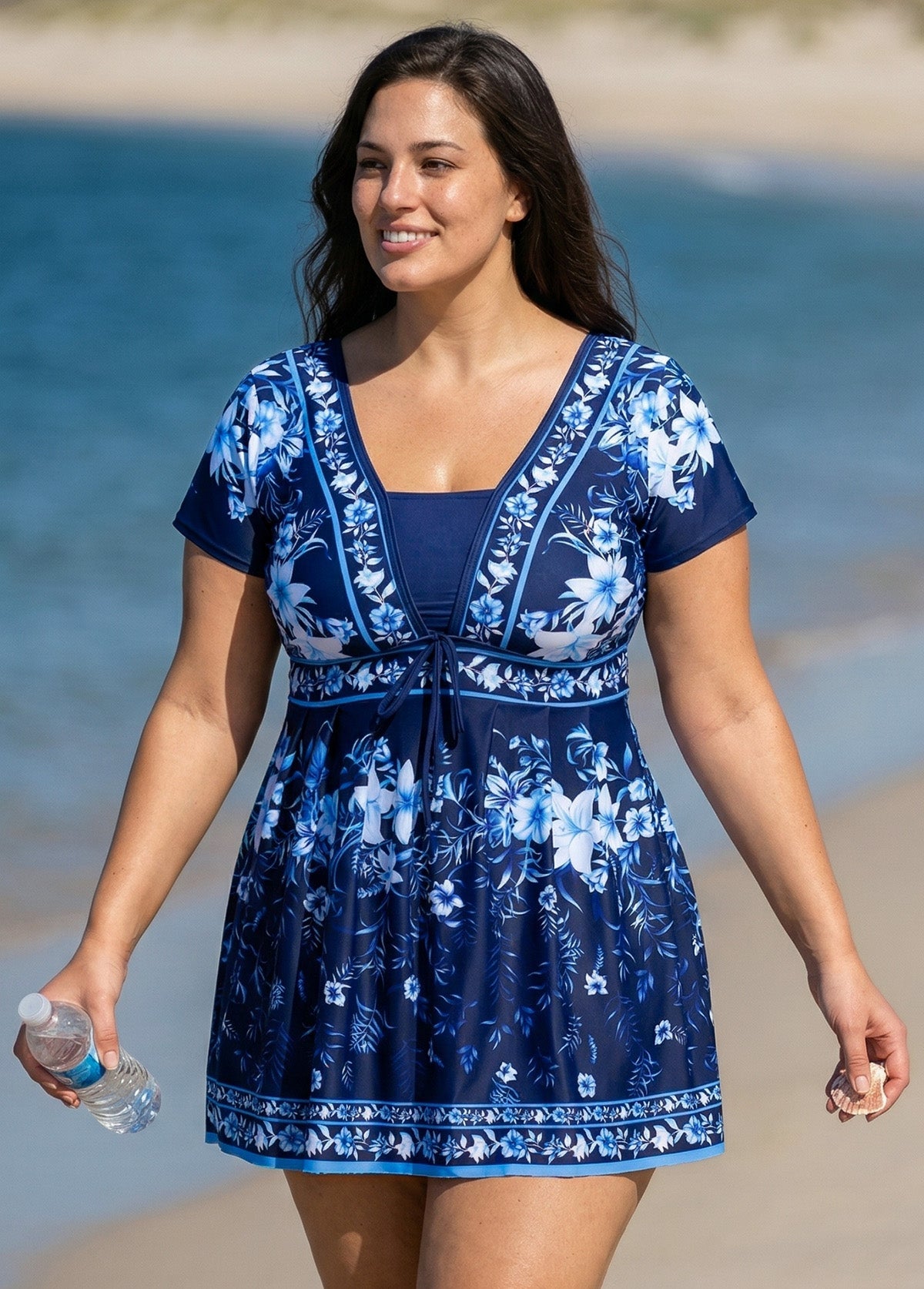 Blue Floral Short Sleeves Vintage Padded Plus Size Women's Swimsuit Swimdress Top