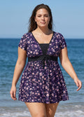 Plus Size Purple Floral Print UPF50+ Short Sleeves Modest Padded Women's Swimsuit Swimdress Top