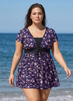 Plus Size Purple Floral Print UPF50+ Short Sleeves Modest Padded Women's Swimsuit Swimdress Top