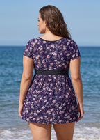 Plus Size Purple Floral Print UPF50+ Short Sleeves Modest Padded Women's Swimsuit Swimdress Top