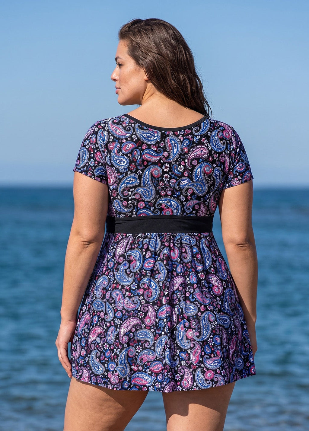 Curvy Black Paisley Print UPF50+ Short Sleeves Vintage Padded Women's Swimsuit Swimdress Top