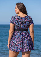 Curvy Black Paisley Print UPF50+ Short Sleeves Vintage Padded Women's Swimsuit Swimdress Top