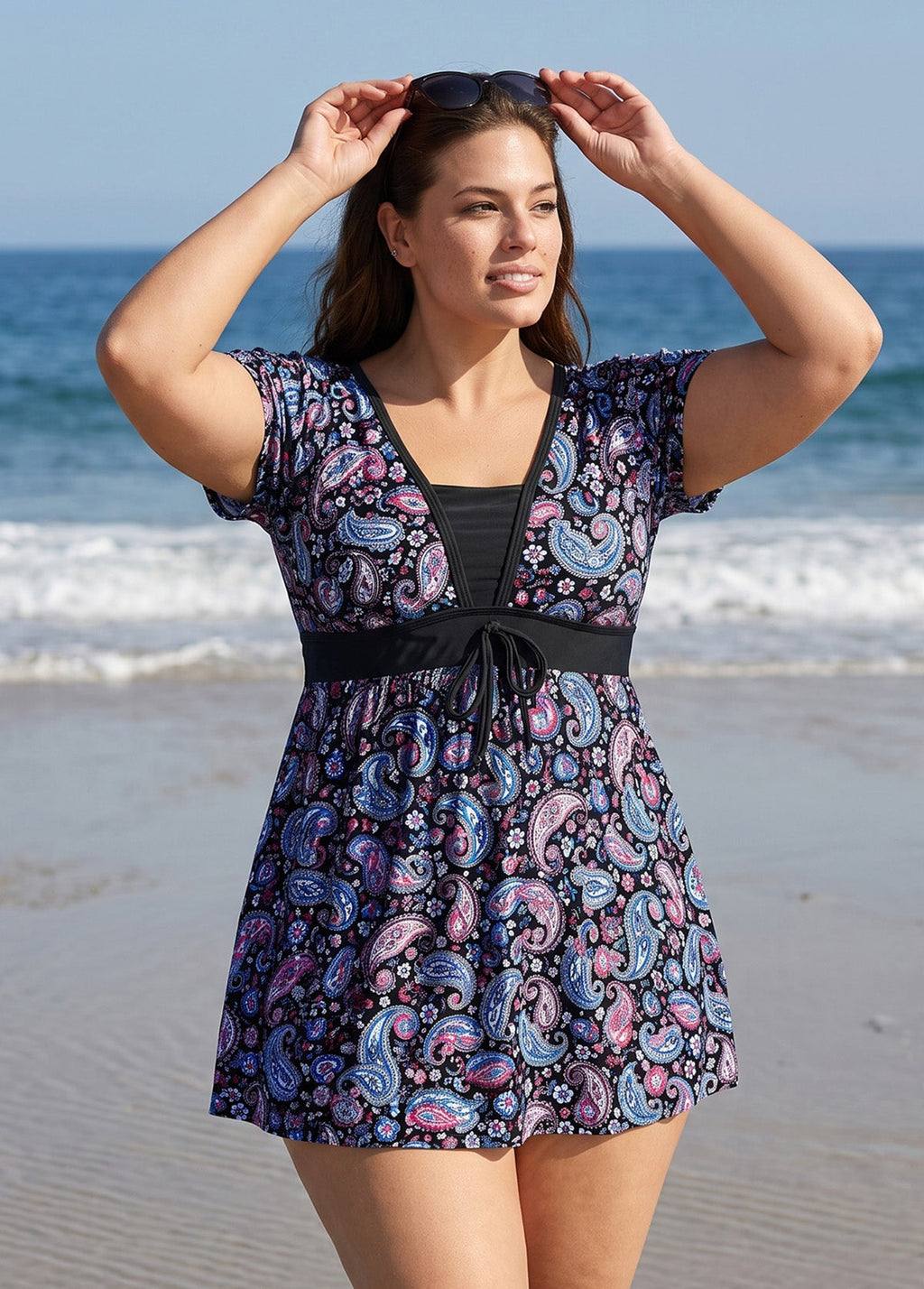 Curvy Black Paisley Print UPF50+ Short Sleeves Vintage Padded Women's Swimsuit Swimdress Top