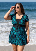 Teal Leaf Print UPF50+ Short Sleeves Modest Padded Plus Size Women's Swimsuit Swimdress Top