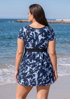 Navy Floral Print UPF50+ Short Sleeves Flattering Padded Curvy Women's Swimsuit Swimdress Top