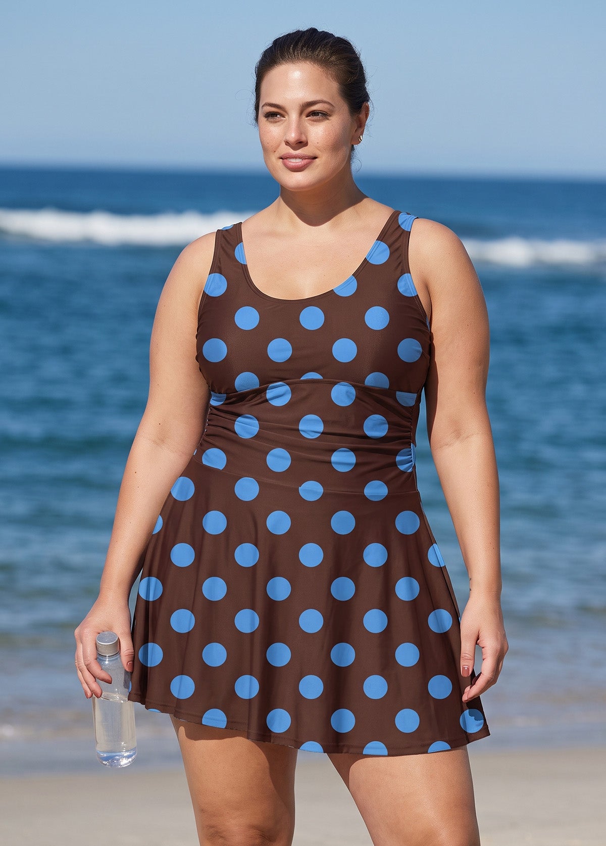 Brown Dot Scoop Neck Flattering Tummy Control Vintage Plus Size Swimdress Set