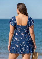 Curvy Blue Floral Print V Neck Cap Sleeves Vintage Ruffles Women's Swimsuit Swimdress Top