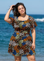 Black Floral Square Neck Mesh Short Sleeves Modest Ruffle Plus Size Swimsuit Swimdress Set